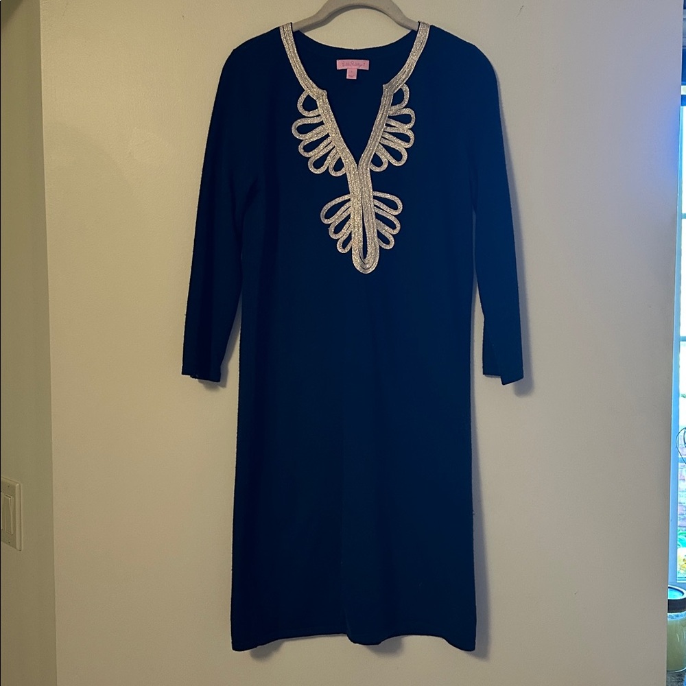 Navy Dress with Gold Embellishments